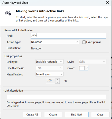 Auto Keywork Links Dialog