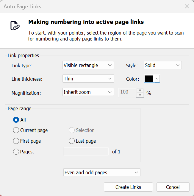 Auto Page Links Dialog