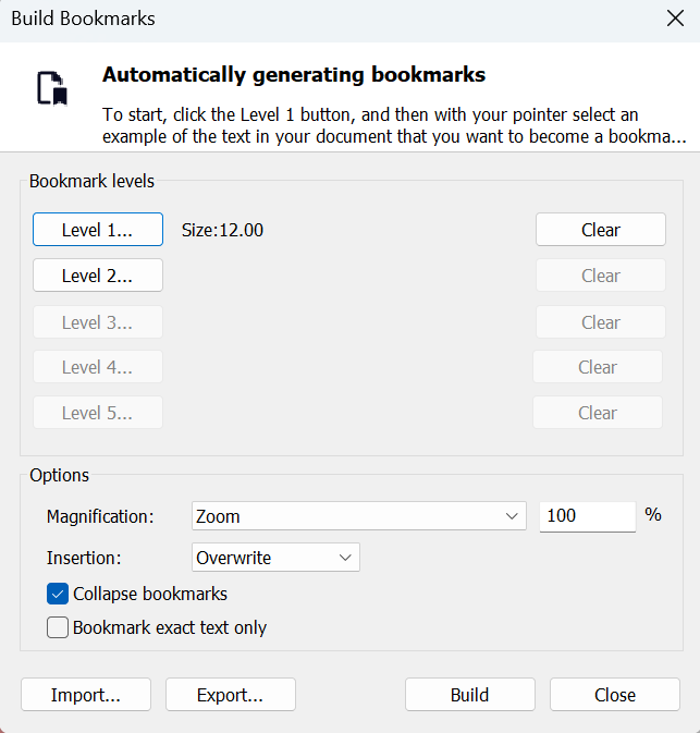 Build Bookmarks dialog