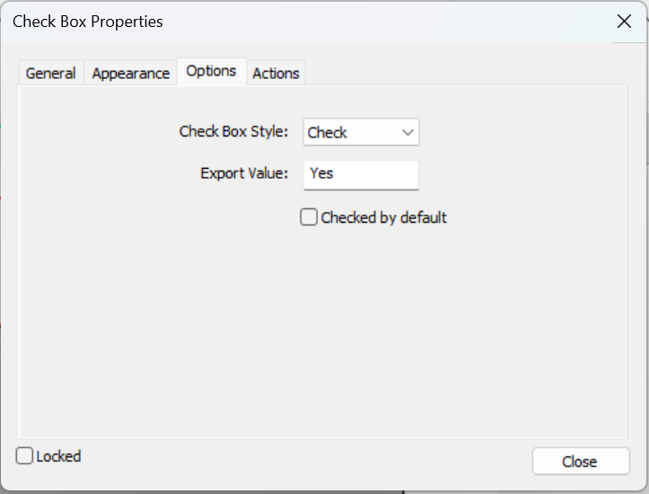 Check box dialog options