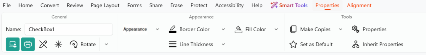 Checkbox properties ribbon