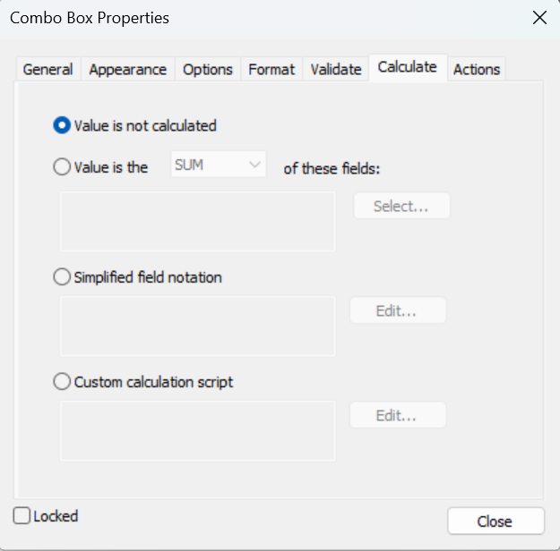 Combo Box properties dialog calculate