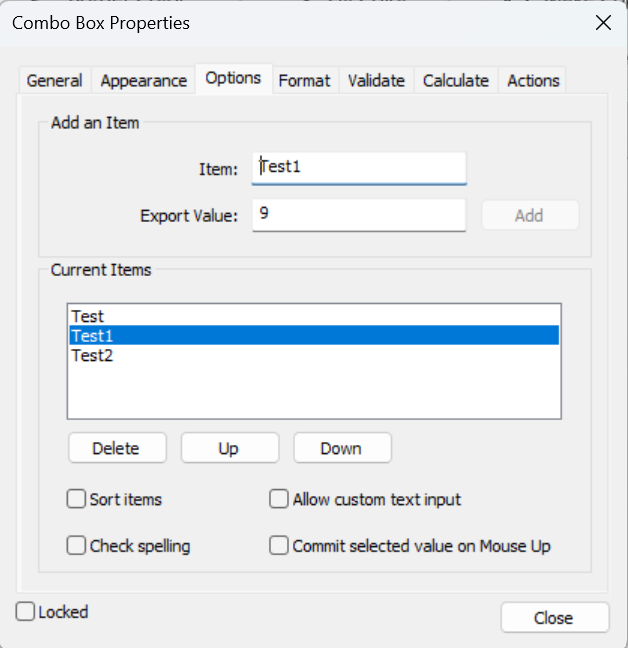Combo box dialog options tests