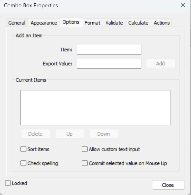 Combo box dialog options