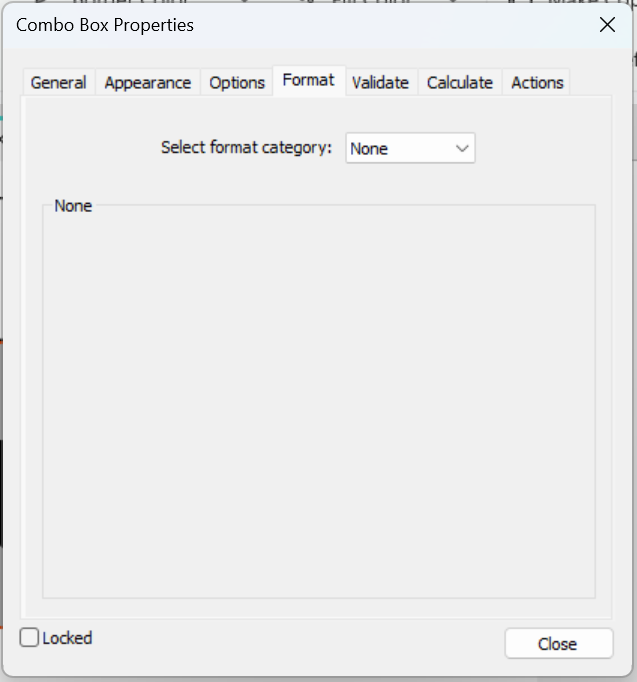 Combo box poperties dialog format