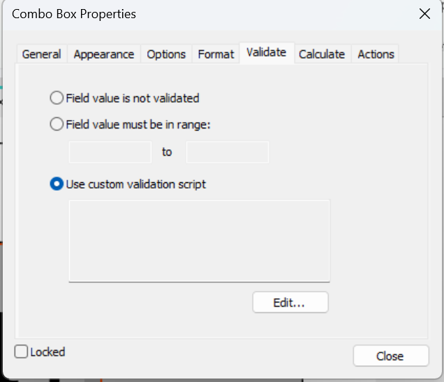 Combo box properties dialog validate