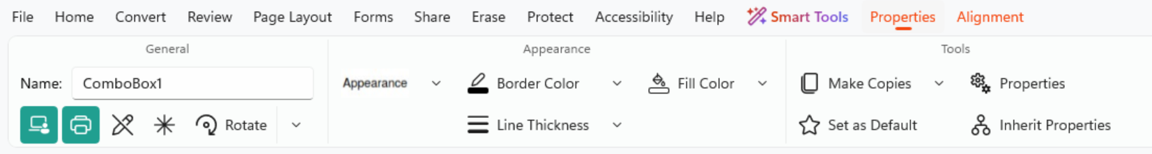 Combo box properties