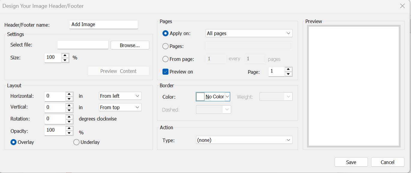 Configure properties headers and footers dialog