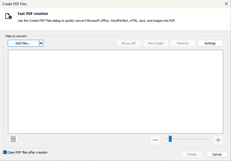 Create PDF Files dialog box