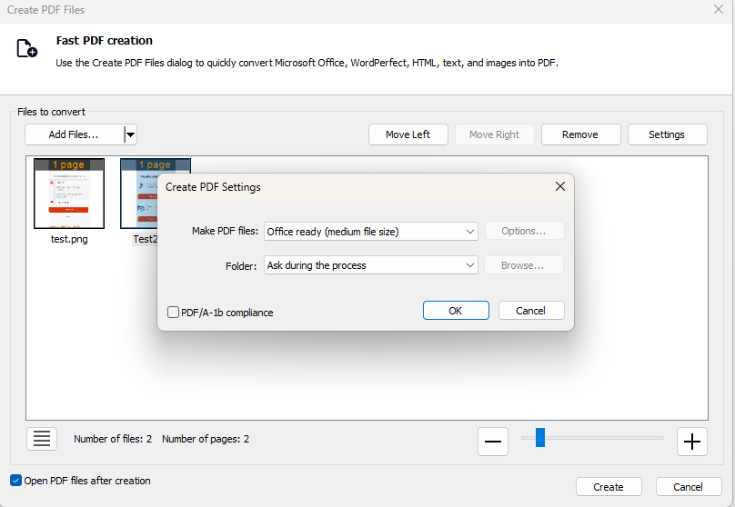 Create PDF Settings