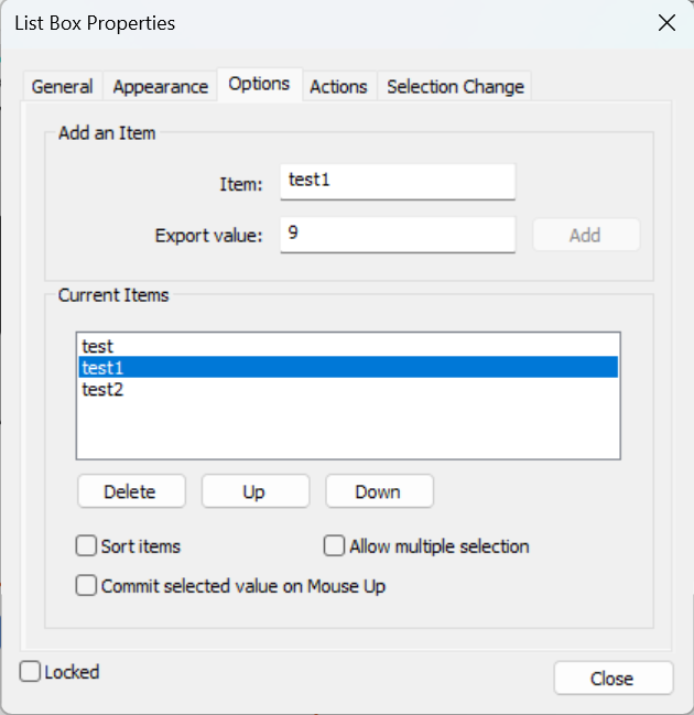 List Box properties dialog options