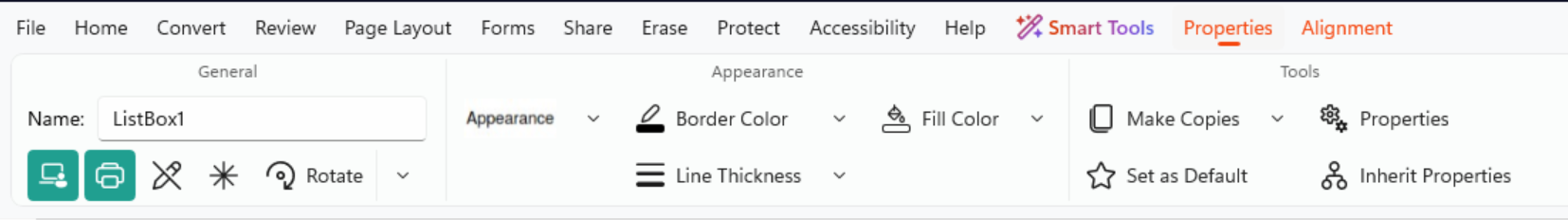 List Box properties tab