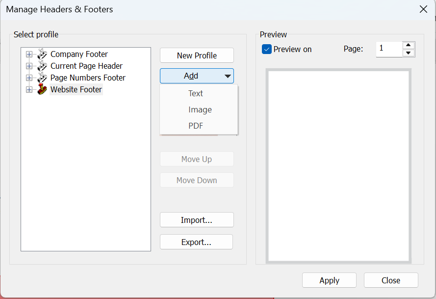 Manage Headers and Footers Dialog Add