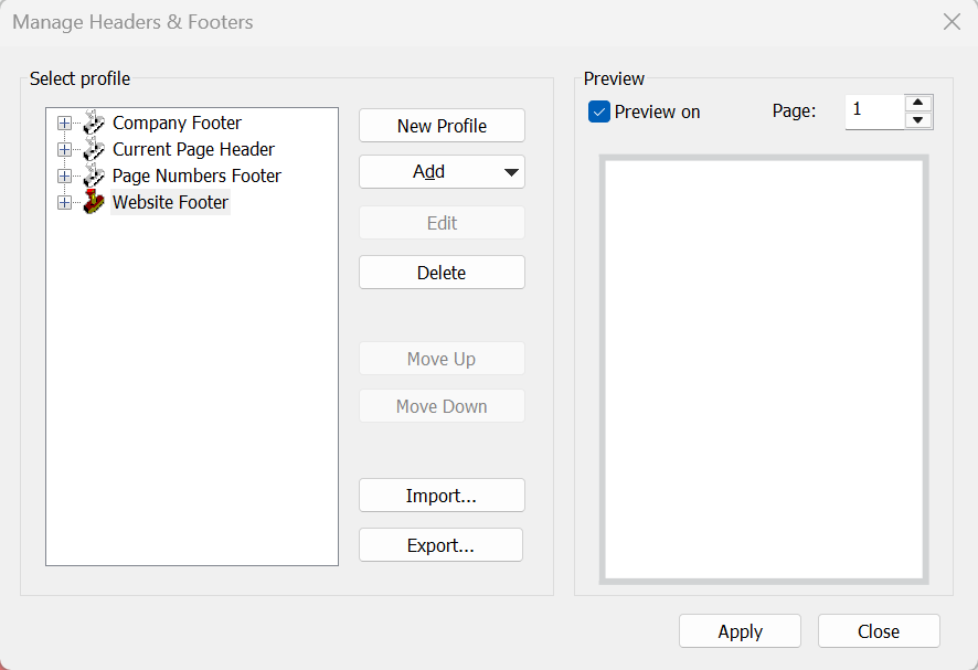 Manage Headers and Footers Dialog