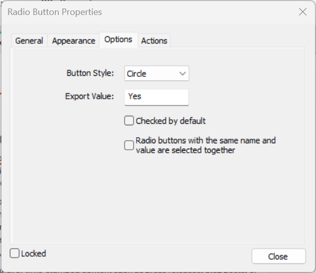 Radio Button Properties dialog options