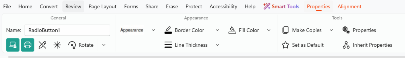 Radio Button properties tab