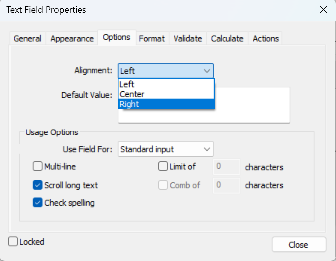 Text Field Properties Right