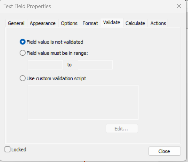 Text Field Properties Validate dialog