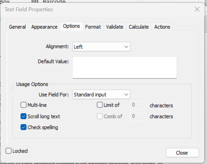 Text Field Properties dialog