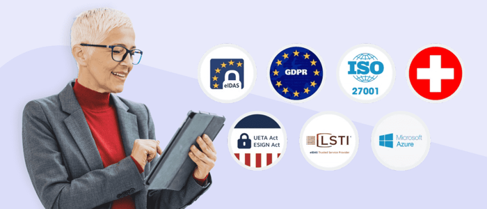 Une femme avec sept&nbsp;badges, par exemple, GDPR, eIDAS, Microsoft Azure, etc.