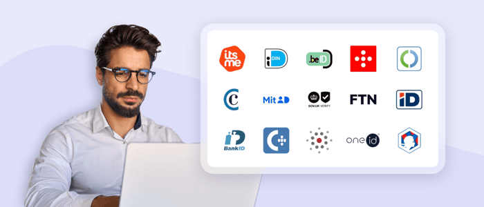 Un homme qui travaille sur ordinateur avec une superposition de différents logos d'identité, par exemple itsme