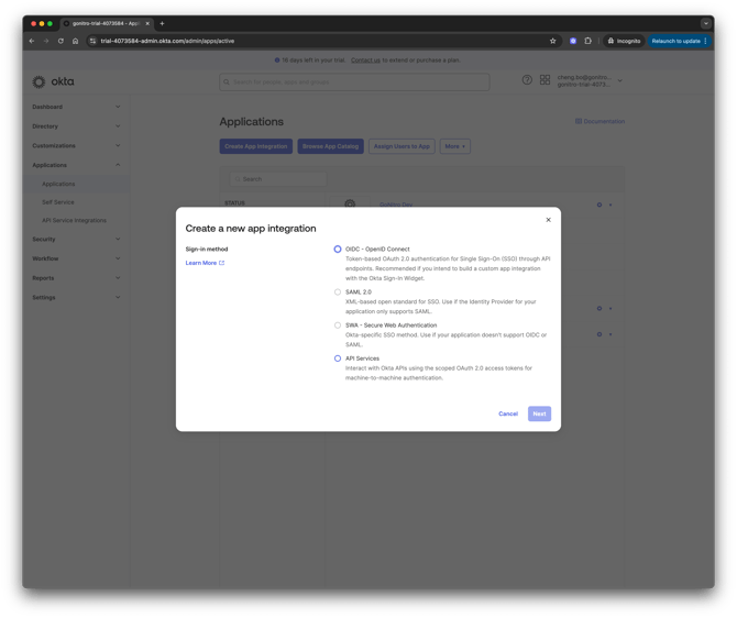 Nitro SSO Okta - Create New App Integration