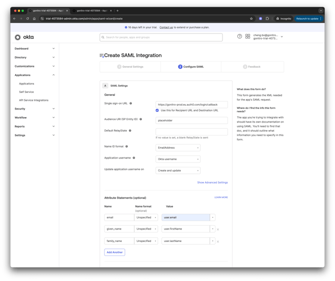 Nitro SSO Okta SAML Integration - Configure SAML- Attribute Statements