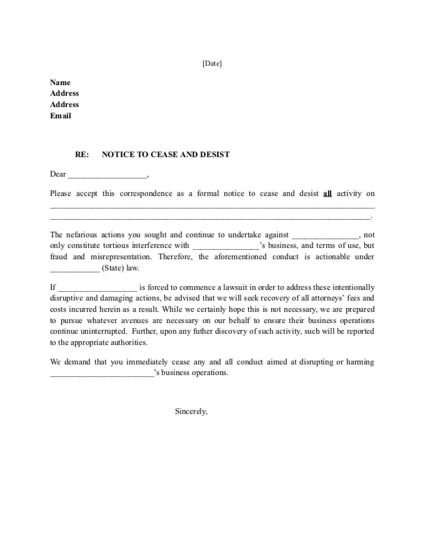 Cease and Desist Letter Template