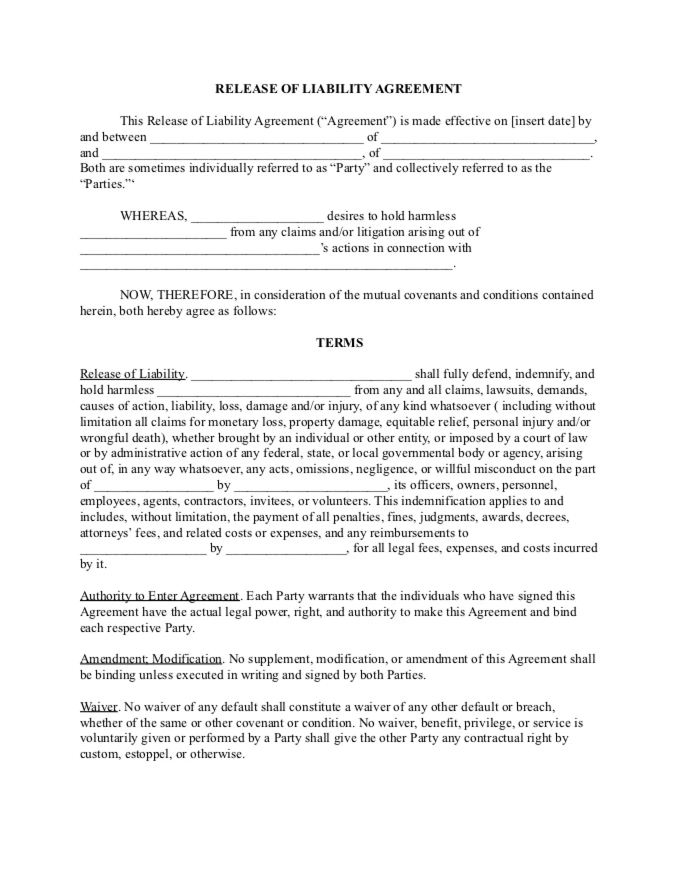 Release of Liability Template